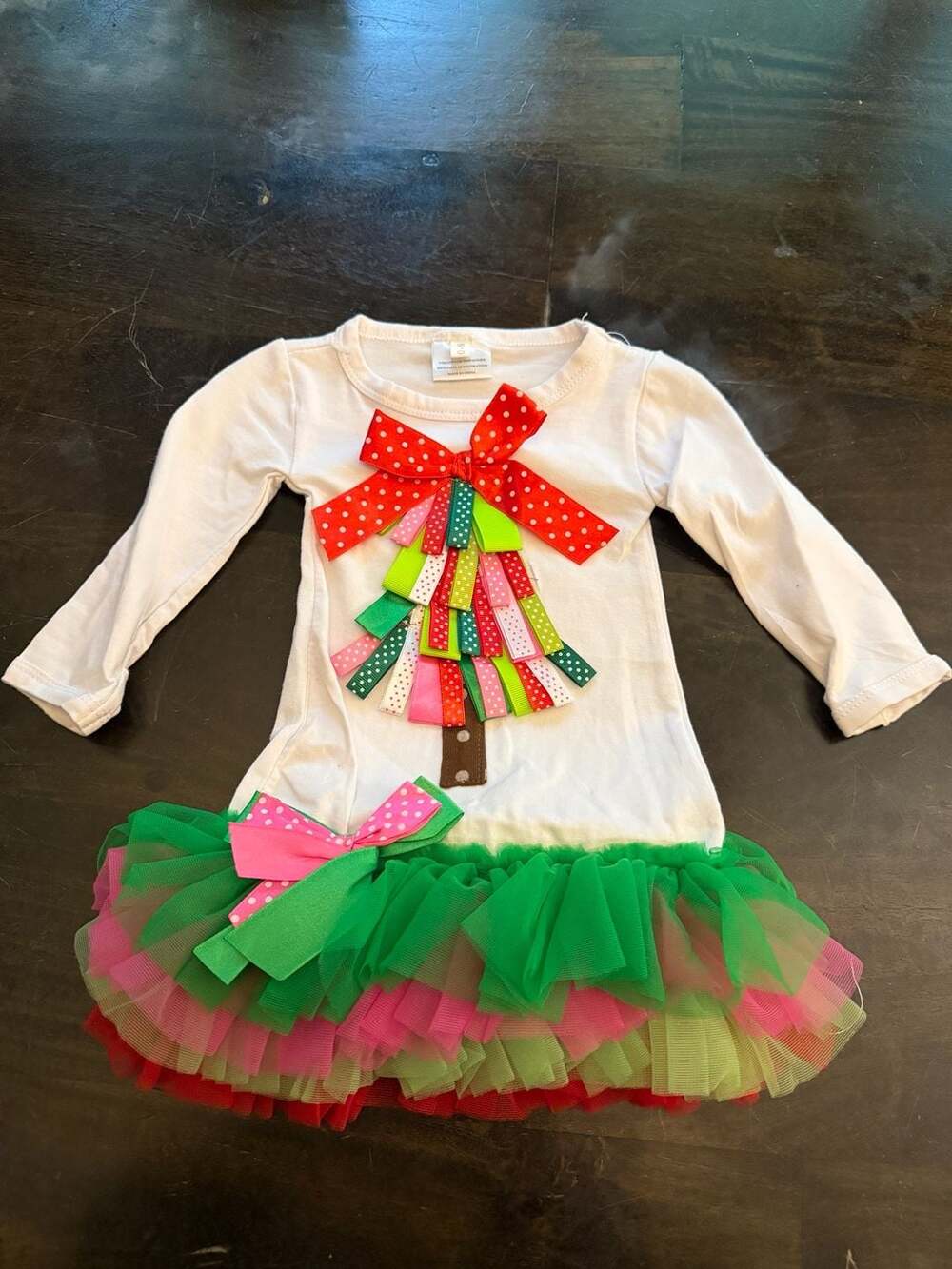 Infant Girls Christmas Tree Ribbon Applique Tutu Dress White 0-6M